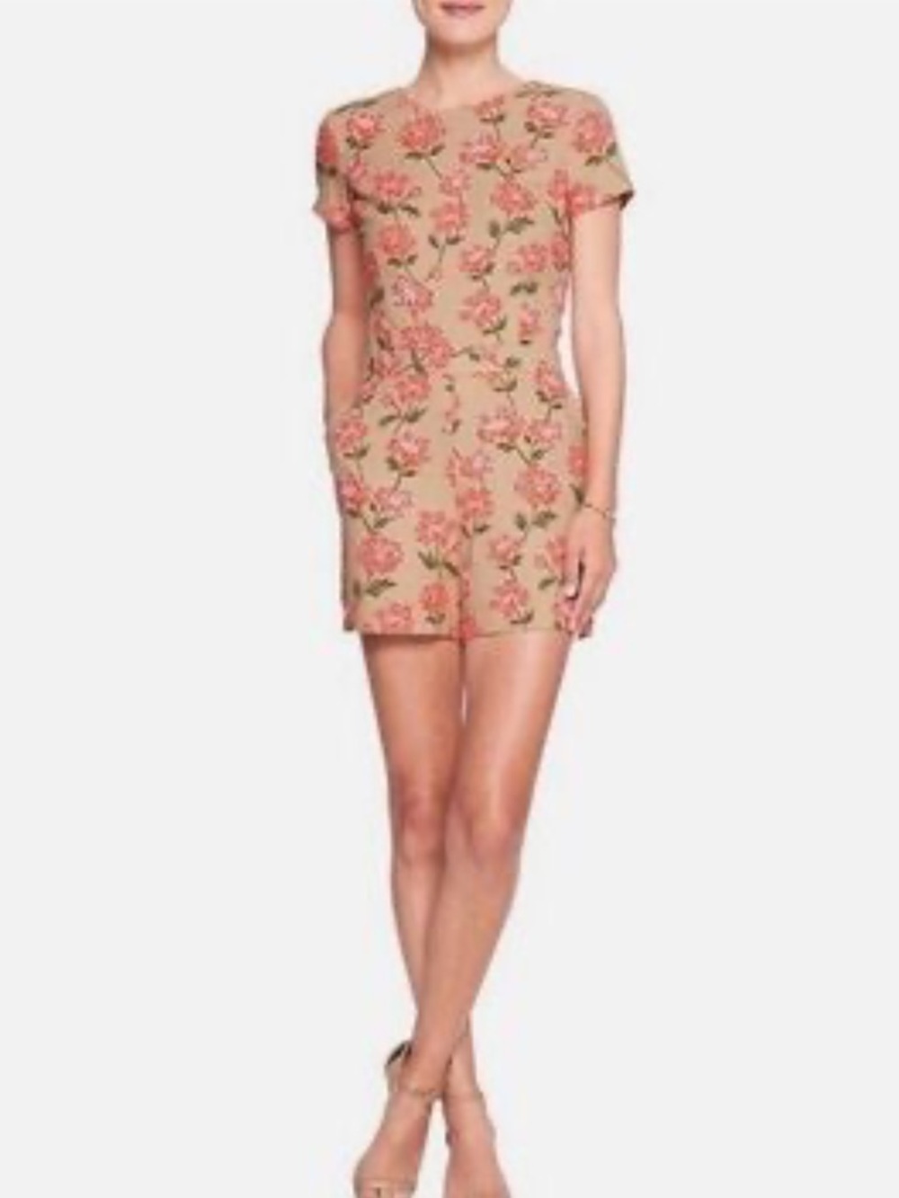 Banana Republic Floral Romper Petite 8P Beige Coral Short Sleeve Career Spring